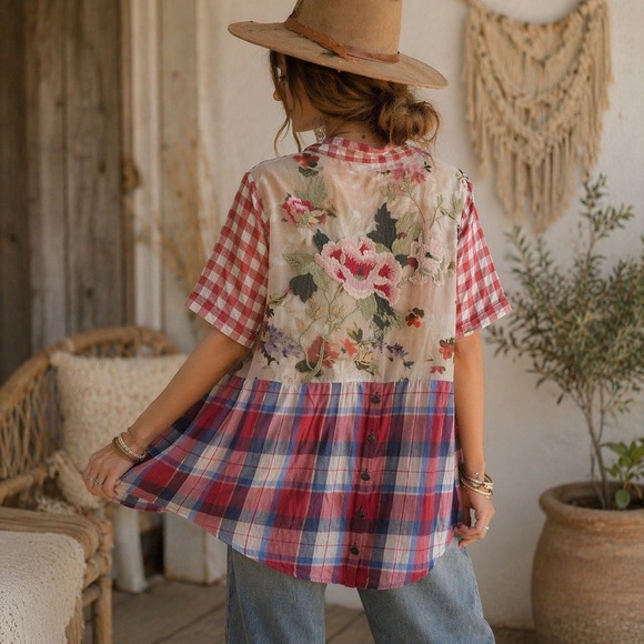 Aratta Silent Journey Tops - Aratta Silent Journey Button Down Women M Red Gingham Floral Embroidered Back